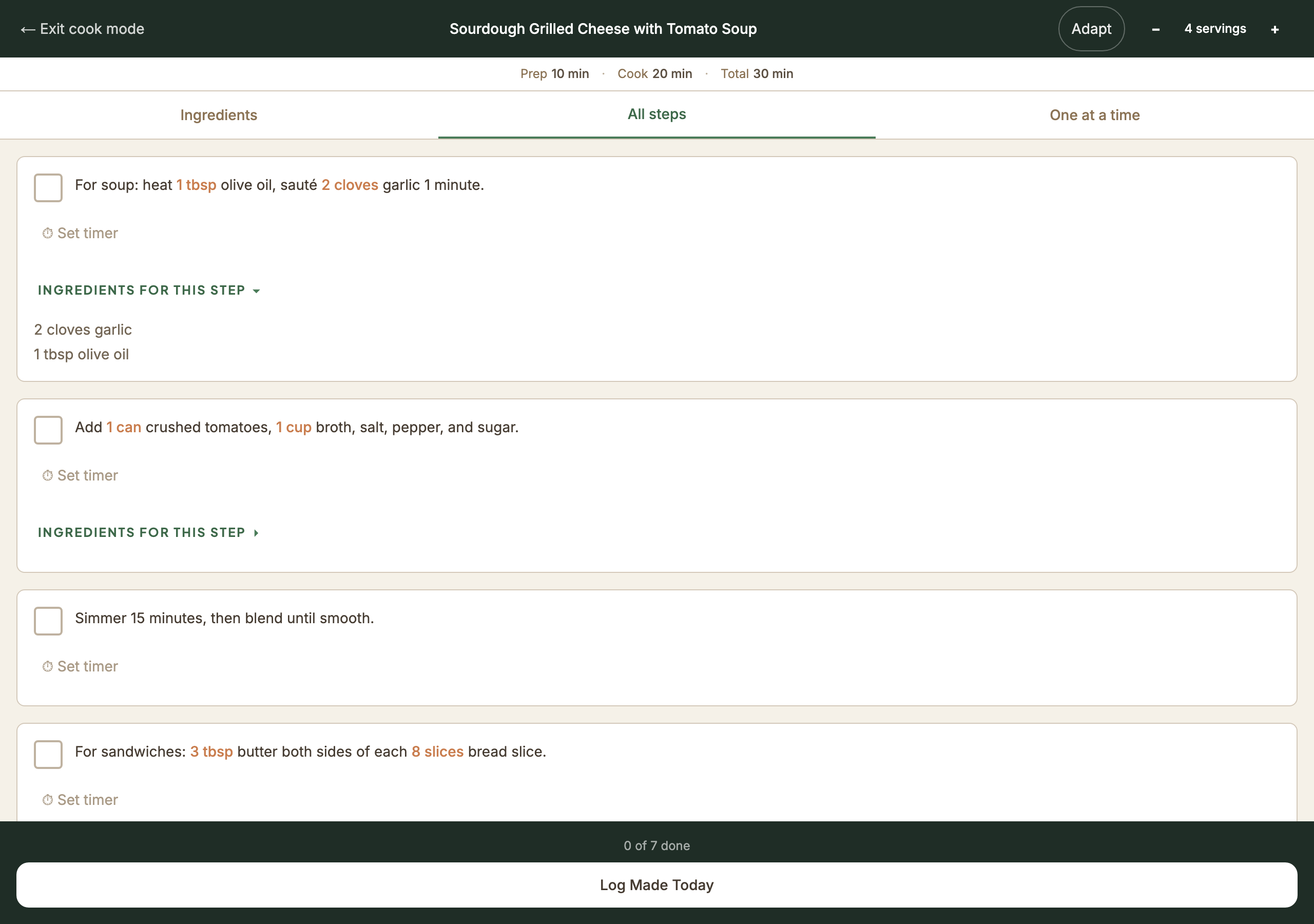 Cook mode showing step-by-step recipe instructions with timers