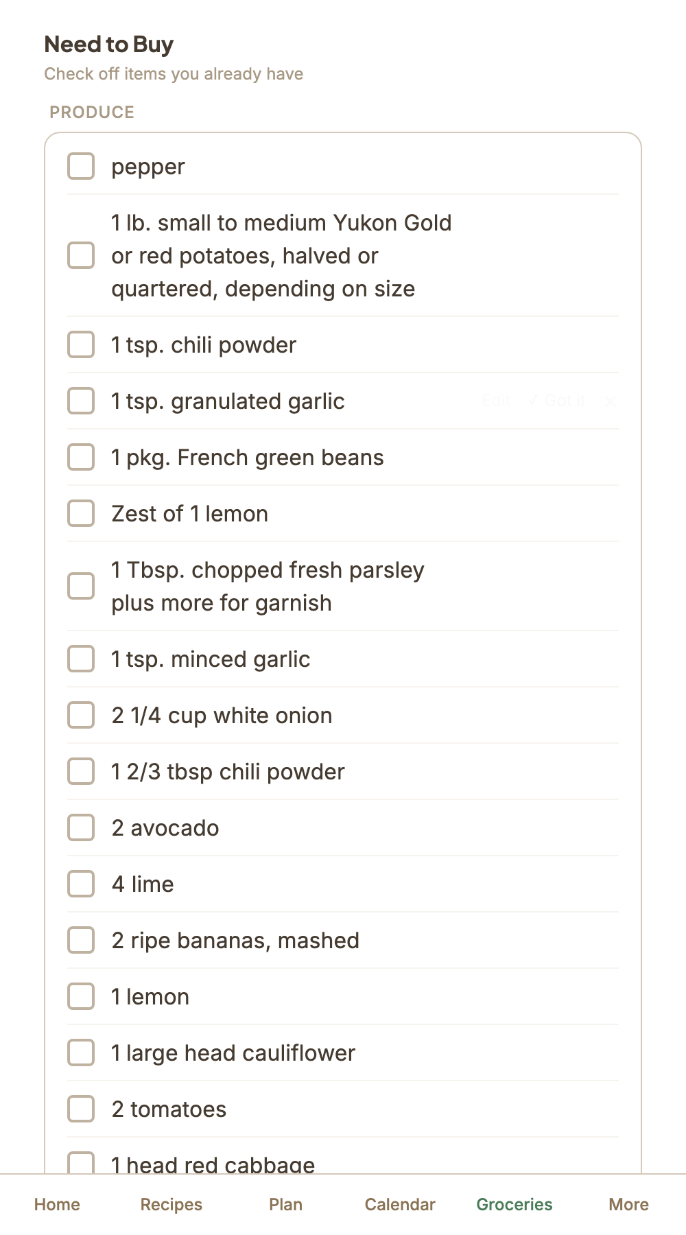 Organized grocery list grouped by store section with ingredient quantities
