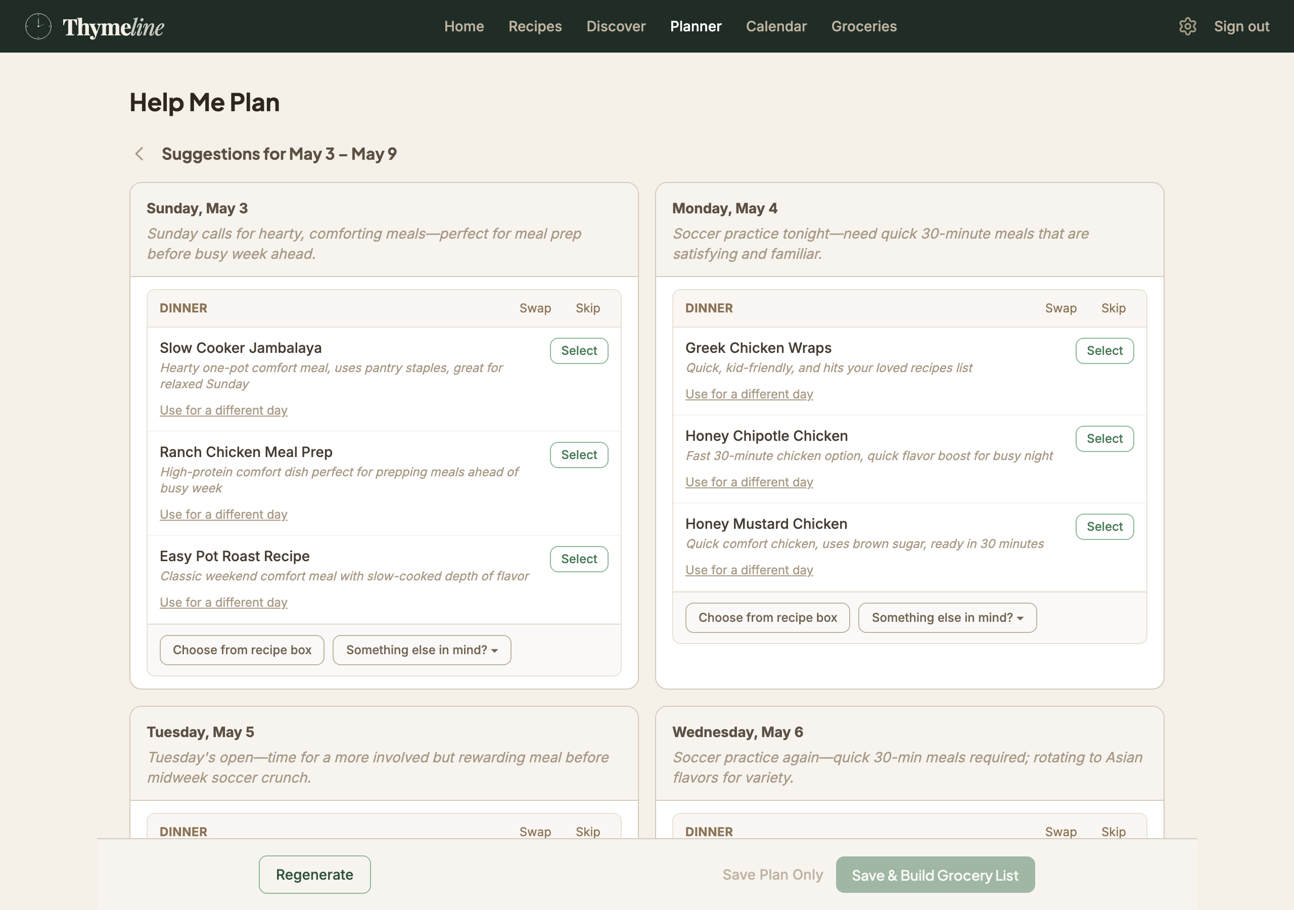 Thymeline planner showing AI-generated meal suggestions tailored to your week