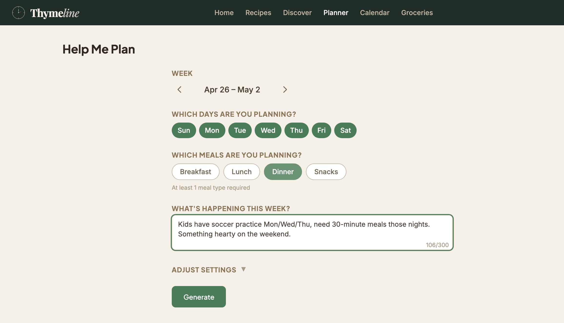 Thymeline planner with natural language input describing the week's context